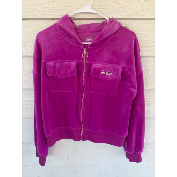 Justice Velour Zip Hoodie Pink Girls XL 16/18 Gold Zipper Cropped Y2K - Picture 2 of 5